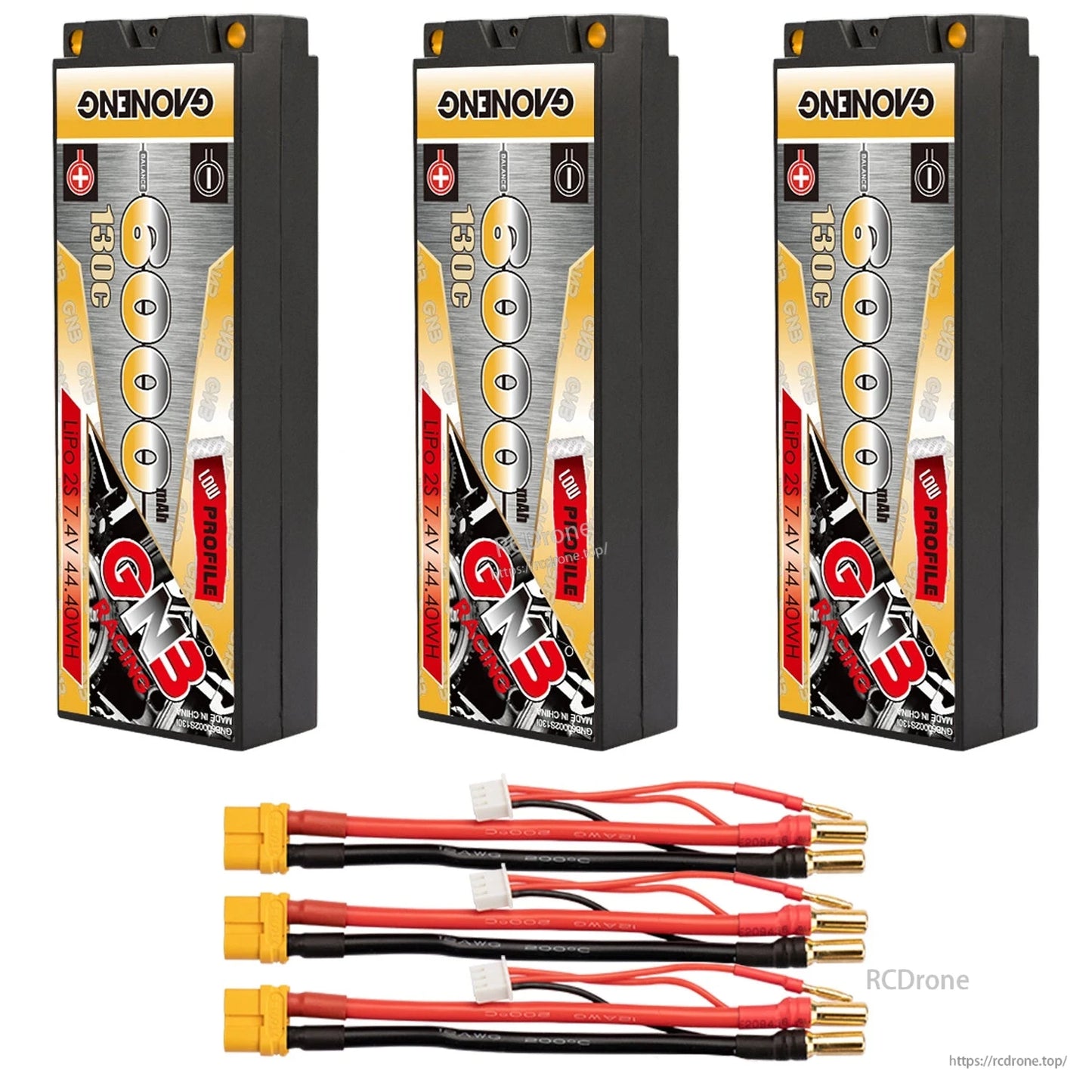 Three-pack battery bundle with yellow connector leads and 5mm bullet ends displayed