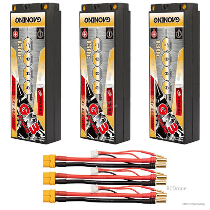 Three-pack battery bundle with yellow connector leads and 5mm bullet ends displayed