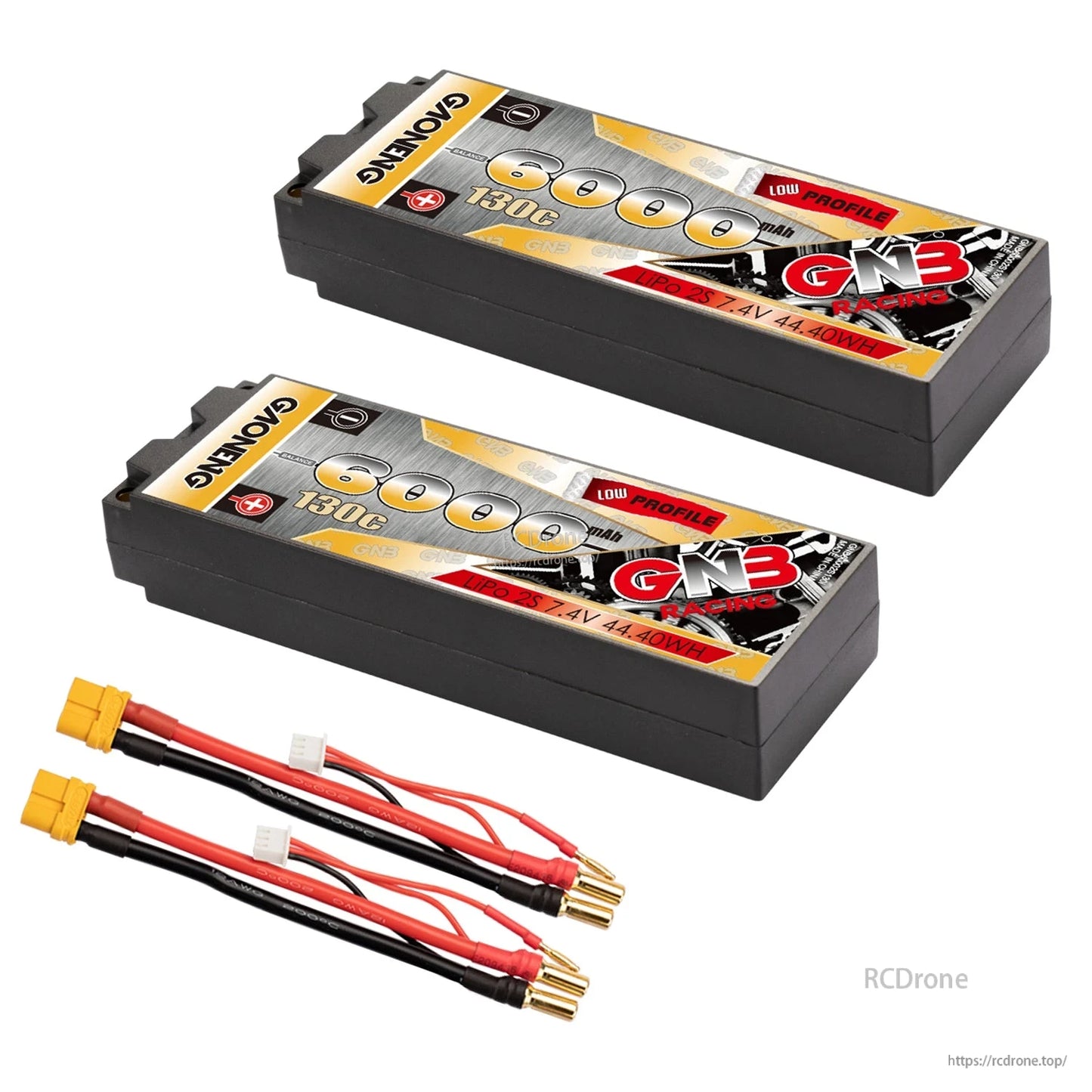 Two-pack battery set shown with yellow connector leads and 5mm bullet ends