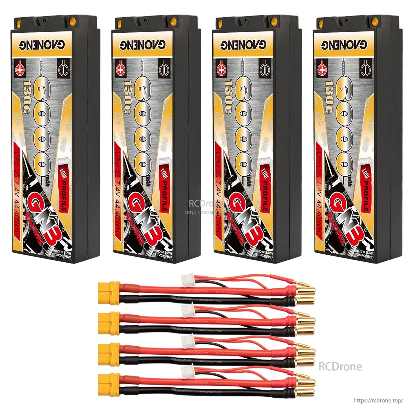 Four-pack battery bundle with yellow connector leads and 5mm bullet ends displayed