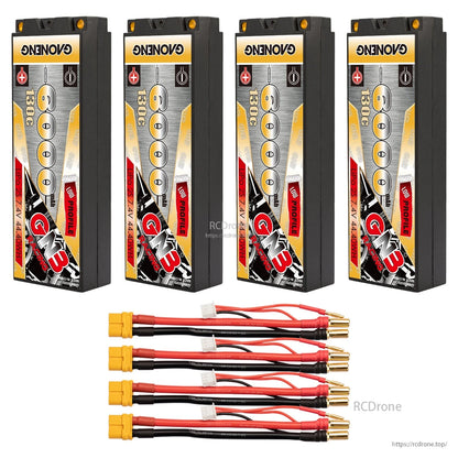 Four-pack battery bundle with yellow connector leads and 5mm bullet ends displayed