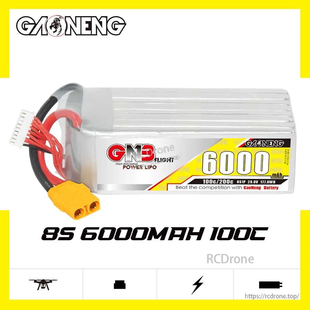 GAONENG GNB 8S 6000mAh 100C LiPo battery graphic showing side view and printed spec text