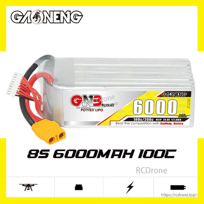 GAONENG GNB 8S 6000mAh 100C LiPo battery graphic showing side view and printed spec text