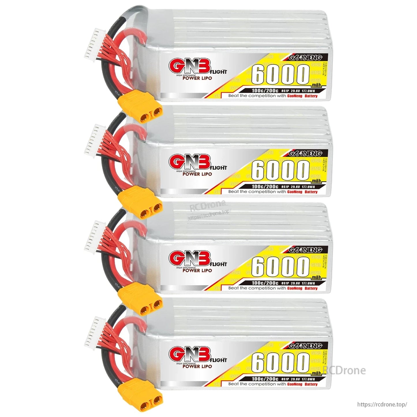 Four GNB 6000mAh LiPo battery packs stacked with discharge leads, balance plugs, and yellow XT90 connectors