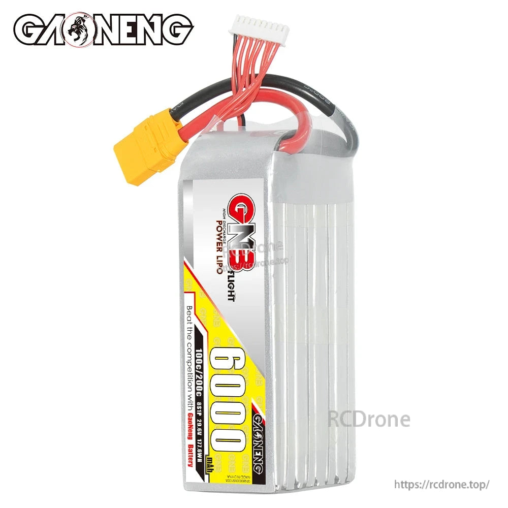 Upright view of GNB 8S 6000mAh LiPo showing label side, balance plug, and yellow XT90 connector