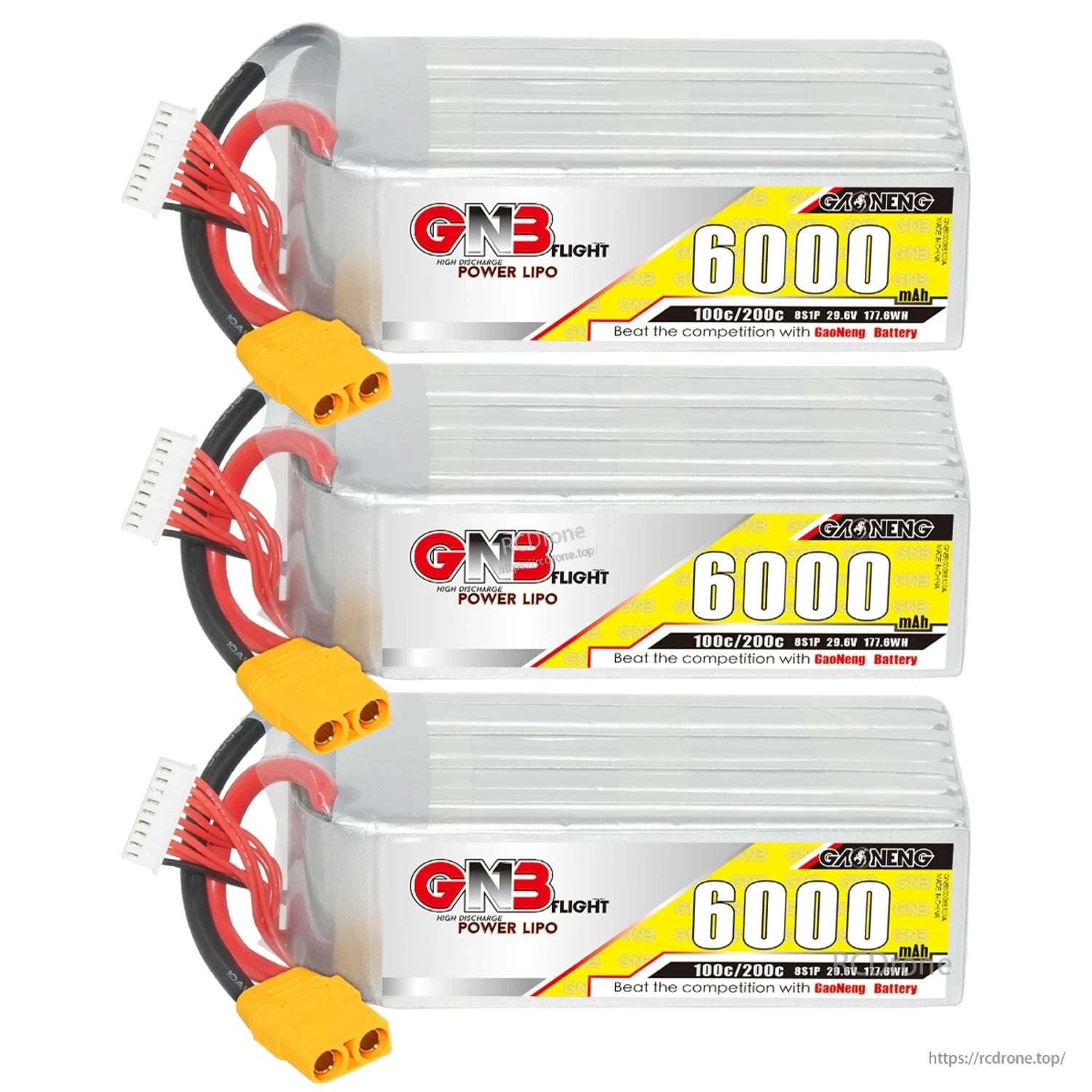 Three GNB 6000mAh LiPo battery packs stacked horizontally with yellow XT90 connectors and balance leads