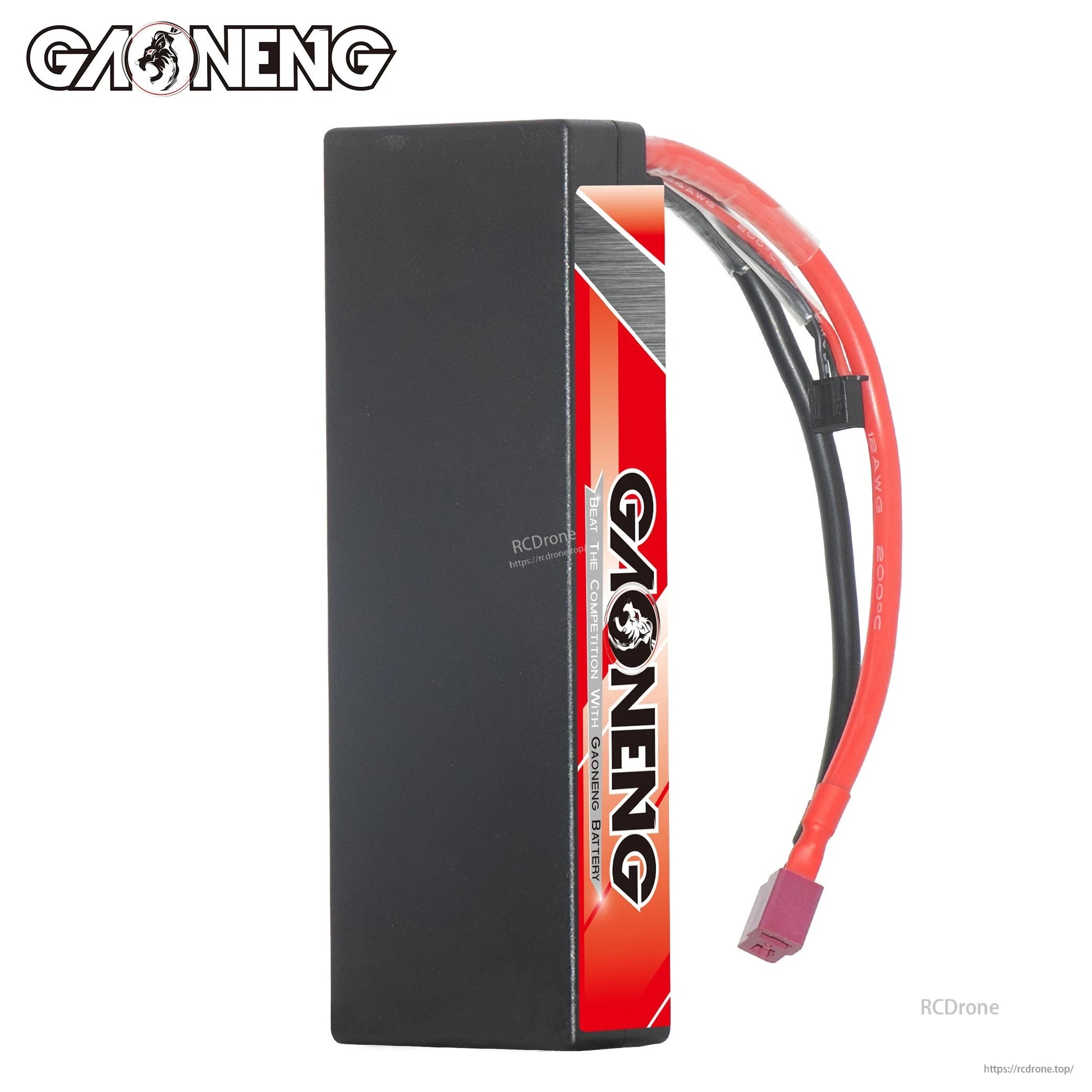 Side view of hard case LiPo battery showing plain black case and side label with lead wires