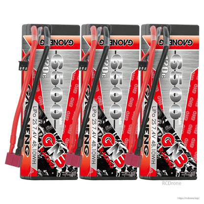 Three GNB Racing 6500mAh 2S hard case LiPo batteries shown front view with leads