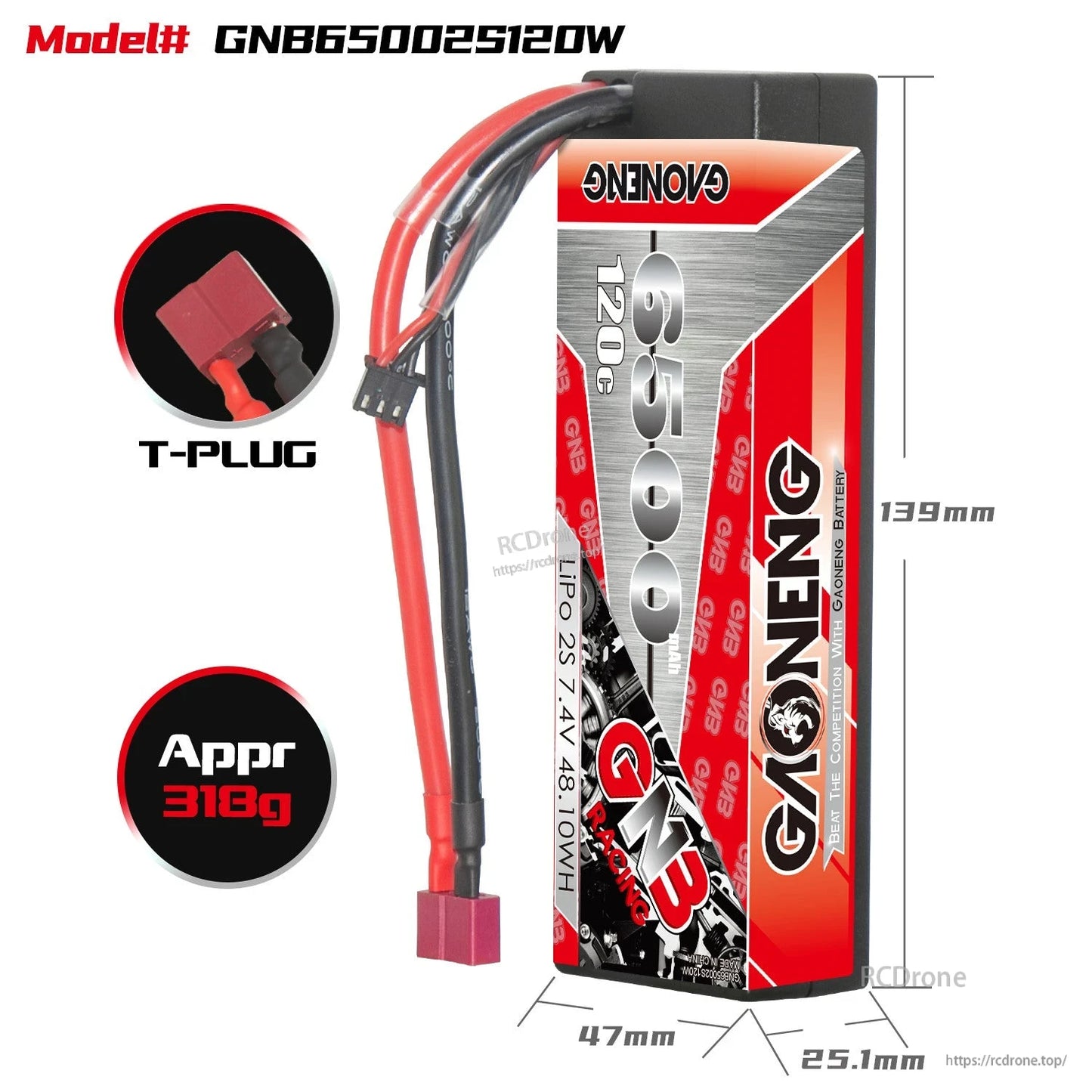 GNB65002S120W battery size diagram with T-plug connector and approx. 318g weight callout