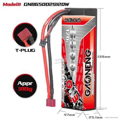 GNB65002S120W battery size diagram with T-plug connector and approx. 318g weight callout