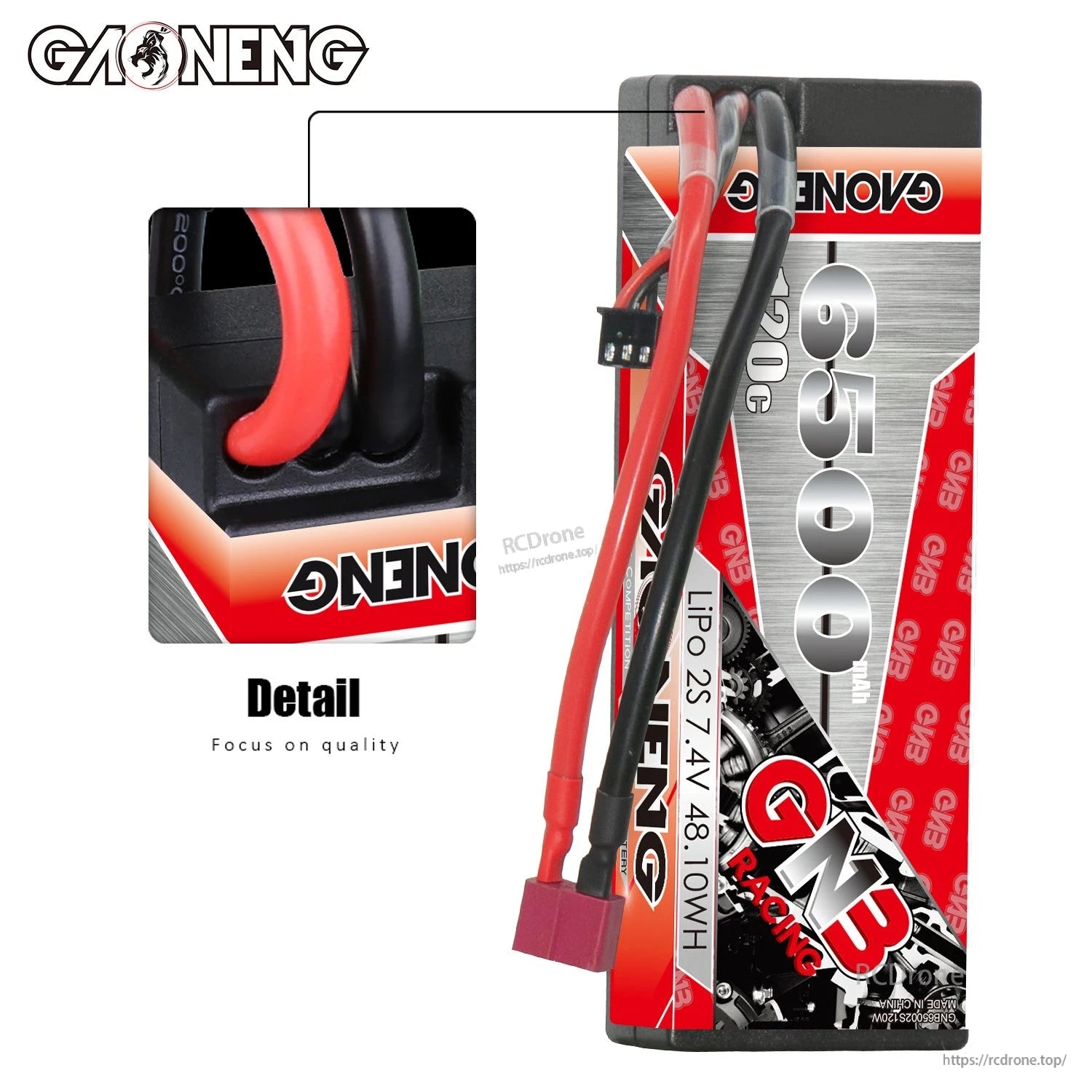 Close-up detail of GAONENG hard case LiPo wire exit and strain relief grommet