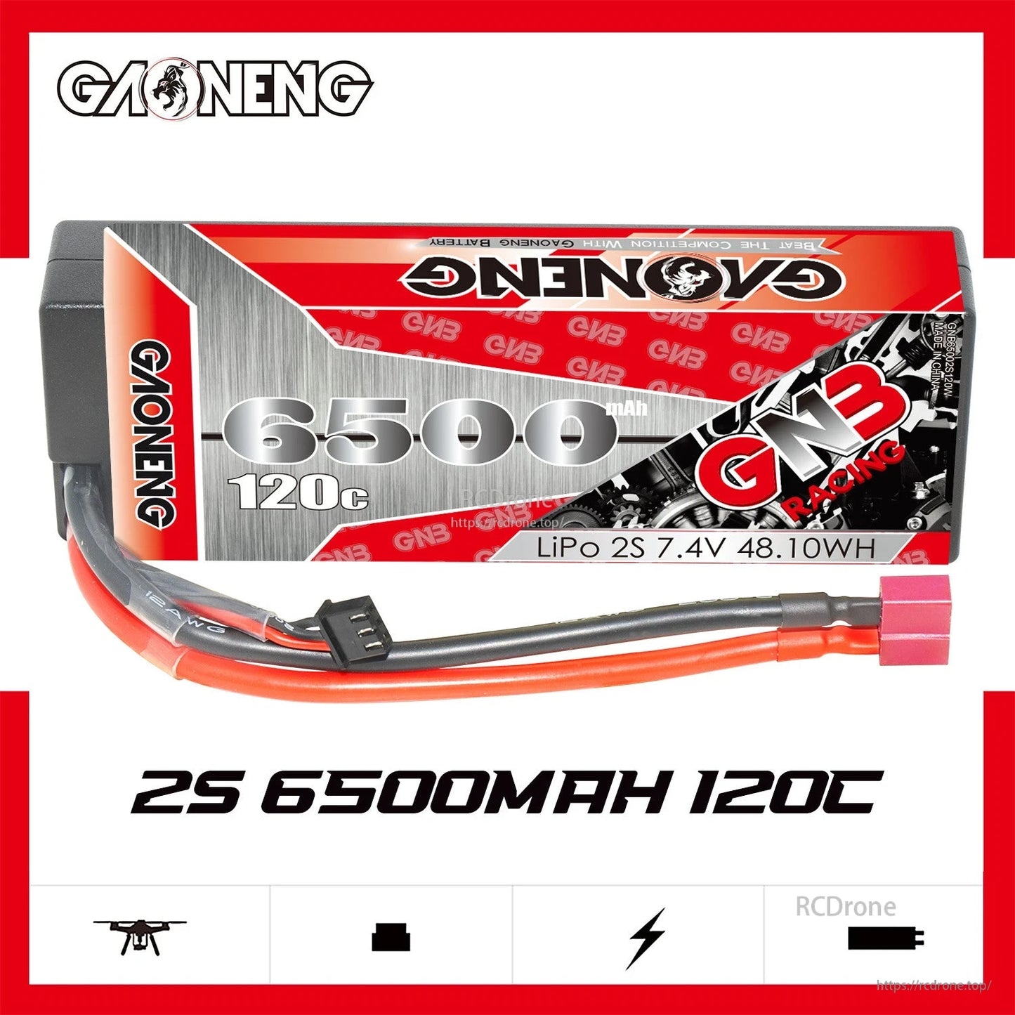 GNB Racing 2S 6500mAh 120C hard case LiPo battery front label shown