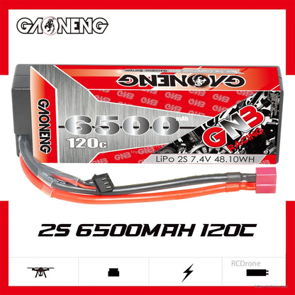 GNB Racing 2S 6500mAh 120C hard case LiPo battery front label shown