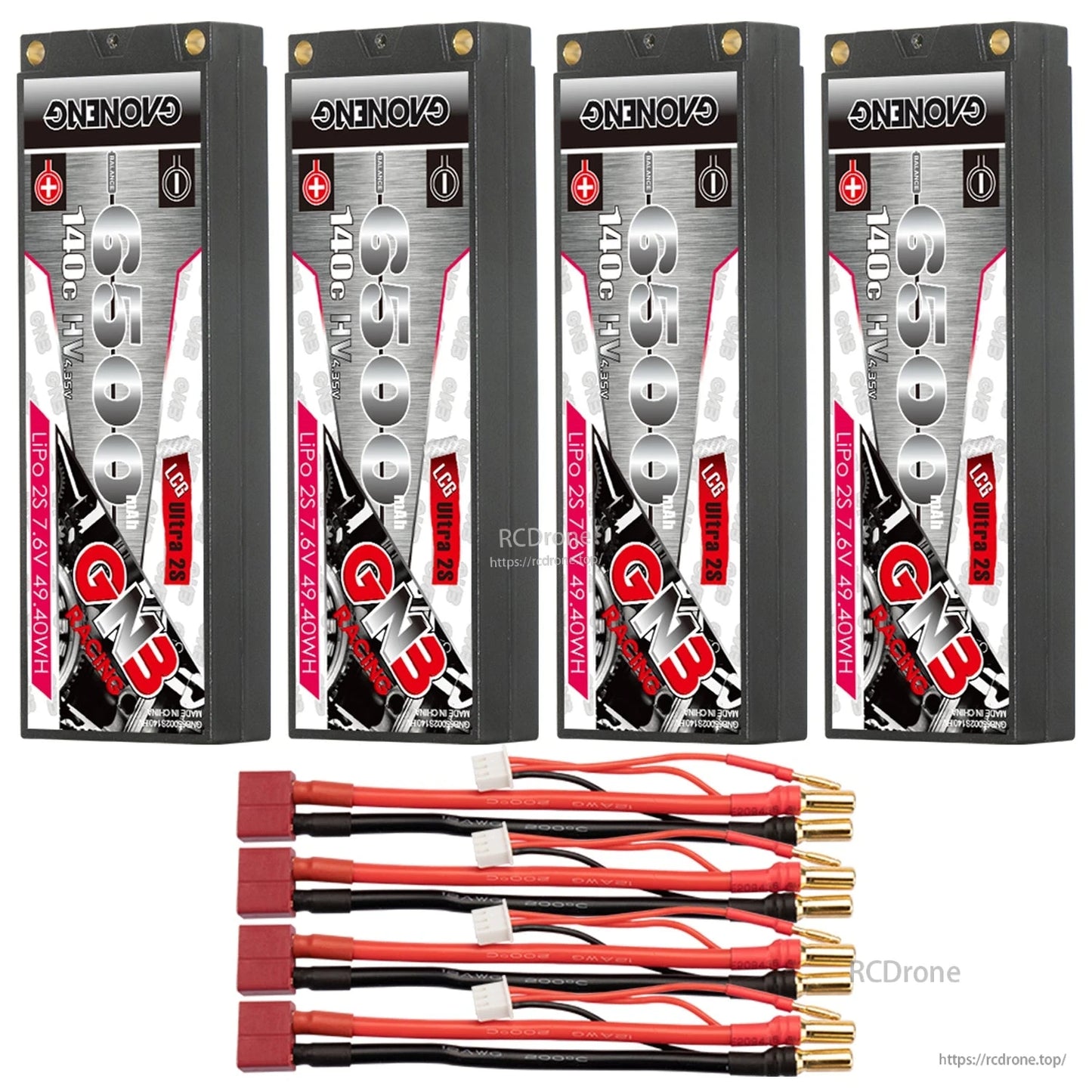 Four GNB 6500 hard case batteries with four red T-style plug lead sets and bullets