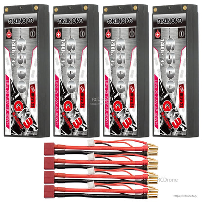 Four GNB 6500 hard case batteries with four red T-style plug lead sets and bullets