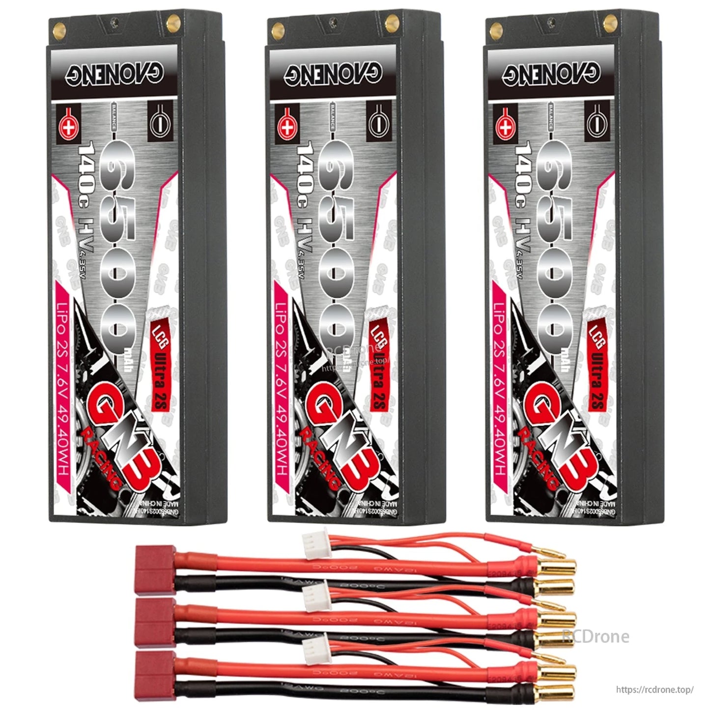 Three GNB 6500 hard case batteries with three red T-style plug lead sets and bullets