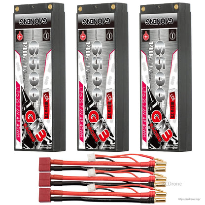 Three GNB 6500 hard case batteries with three red T-style plug lead sets and bullets