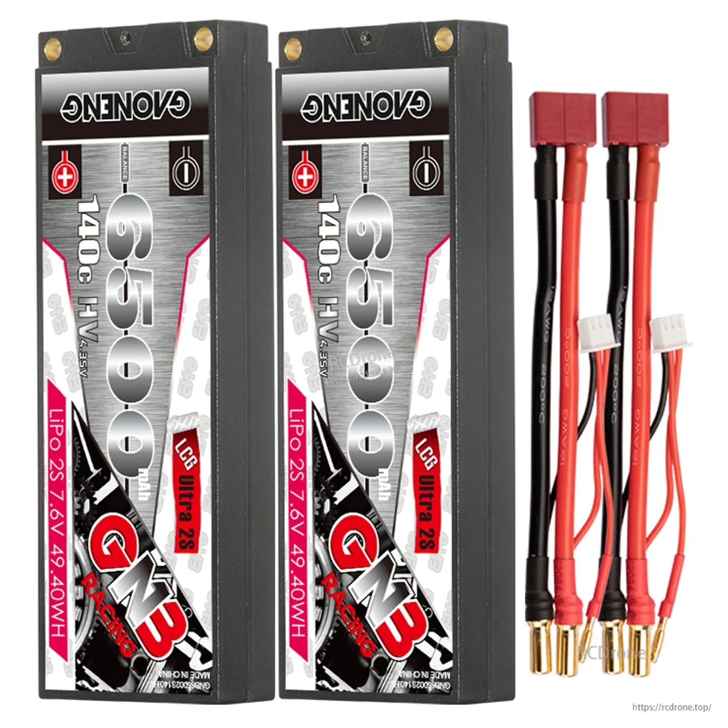 Two GNB 6500 hard case batteries with two red T-style plug lead sets