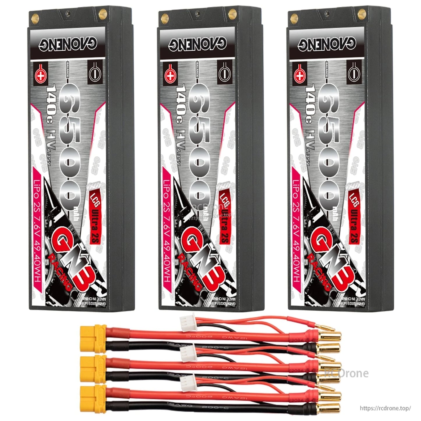 Three GNB 6500 hard case batteries with three yellow plug lead sets and 5.0mm bullets