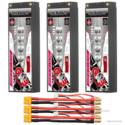 Three GNB 6500 hard case batteries with three yellow plug lead sets and 5.0mm bullets