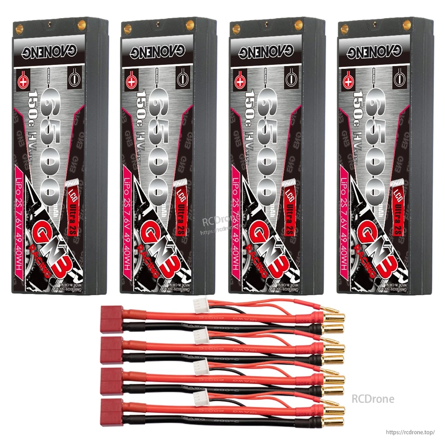 Four GAONENG GNB batteries with four red plug connector lead sets laid out in front