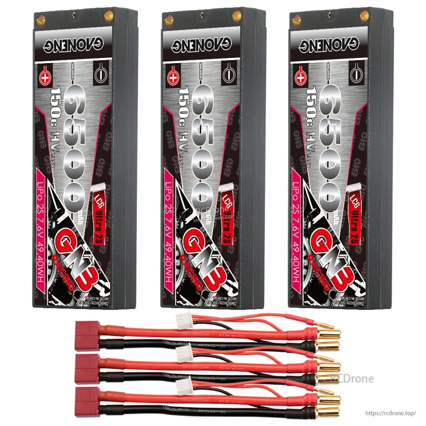 Three GAONENG GNB batteries with three red plug connector lead sets displayed below