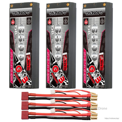 Three GAONENG GNB batteries with three red plug connector lead sets displayed below