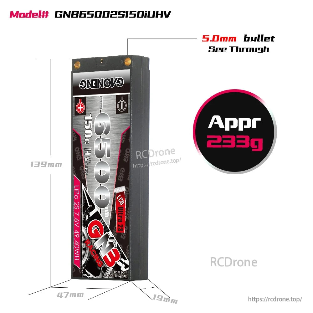 Battery size and weight diagram for GNB65002S150iUHV hard case LiPo, 139×47×19mm, appr 233g