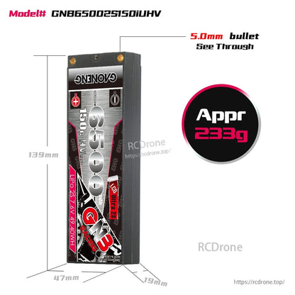 Battery size and weight diagram for GNB65002S150iUHV hard case LiPo, 139×47×19mm, appr 233g