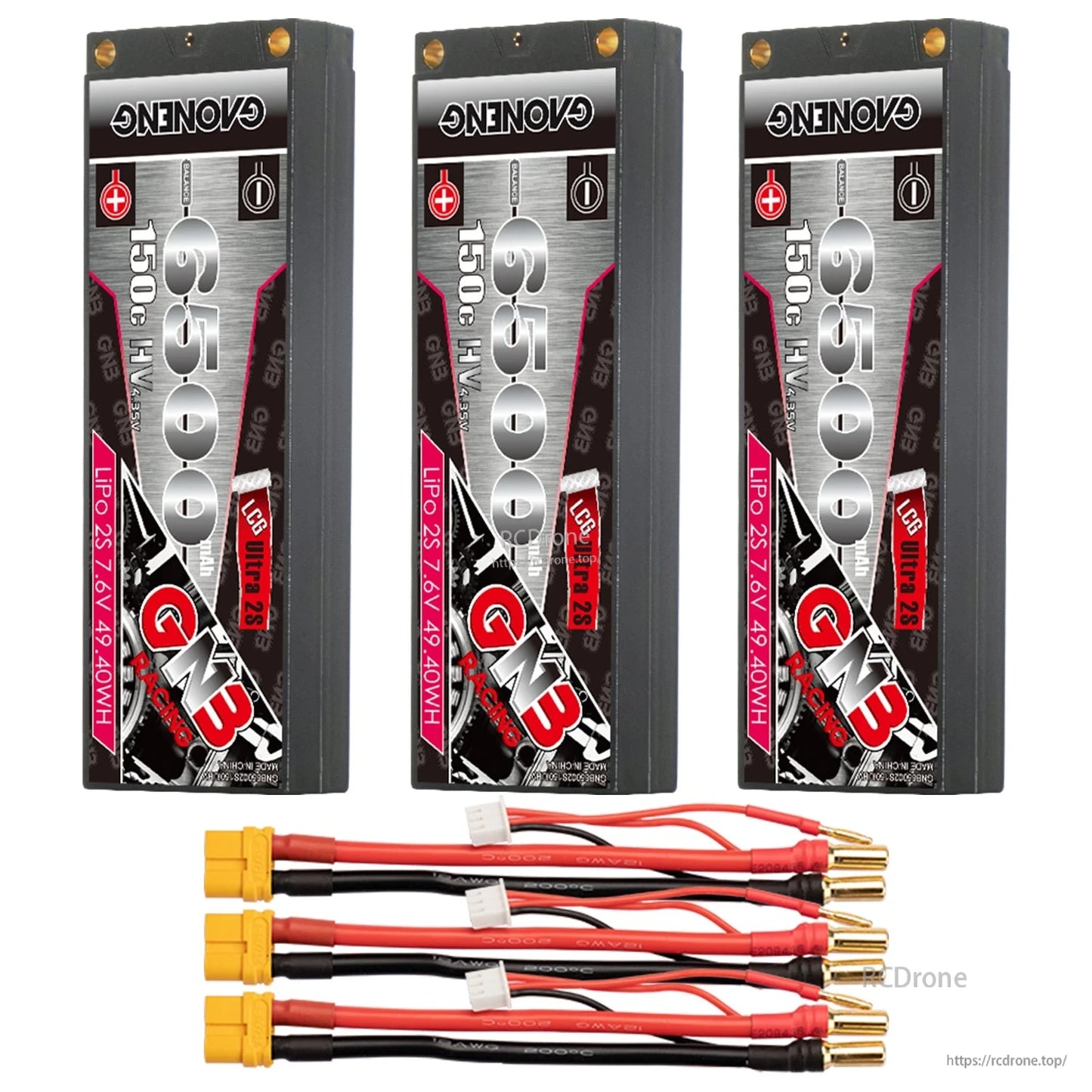Three GAONENG GNB 6500 pack batteries with three yellow connector lead sets shown below