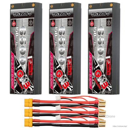 Three GAONENG GNB 6500 pack batteries with three yellow connector lead sets shown below