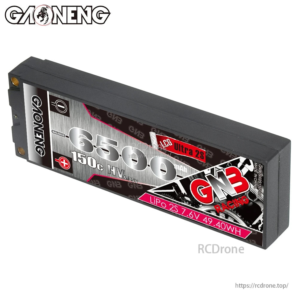 GAONENG GNB hard case LiPo battery three-quarter view showing front label and corner hardware
