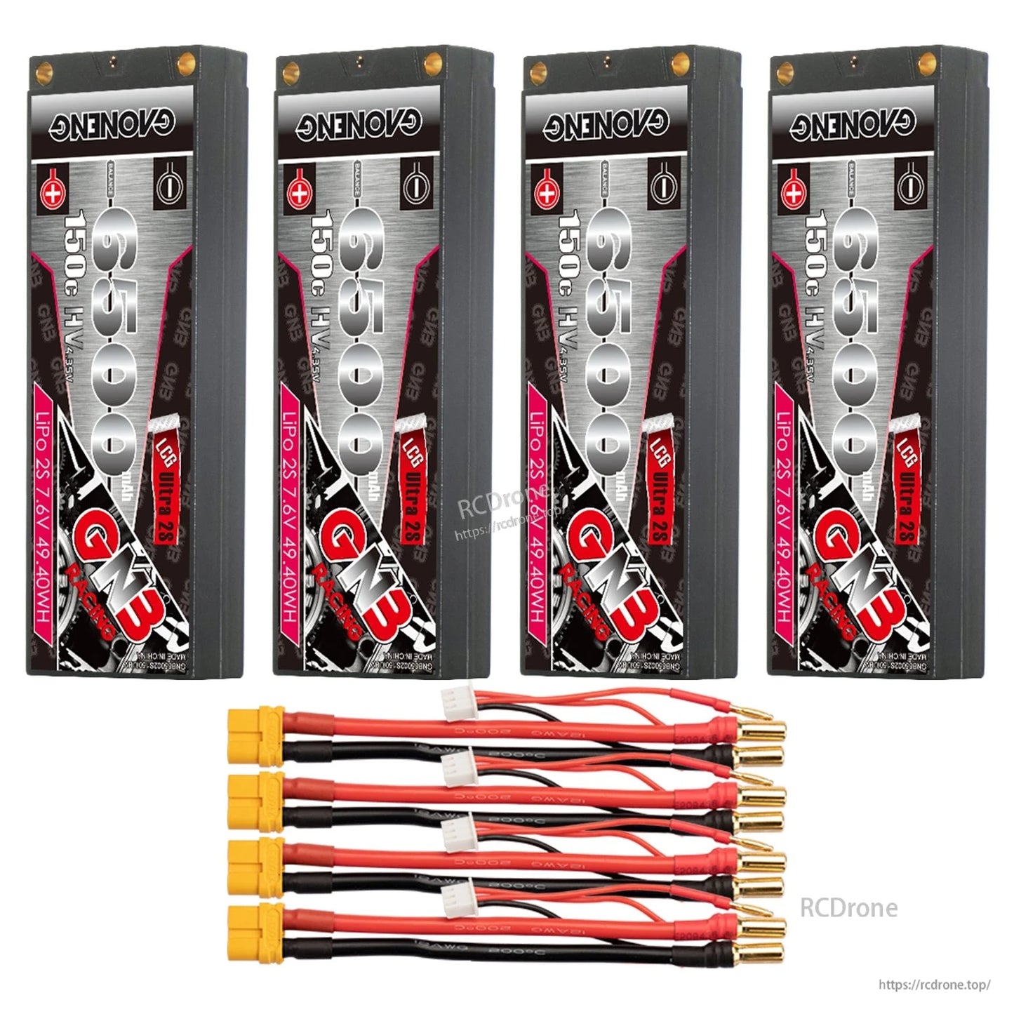 Four GAONENG GNB 6500 pack batteries with four yellow connector lead sets arranged below