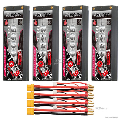 Four GAONENG GNB 6500 pack batteries with four yellow connector lead sets arranged below