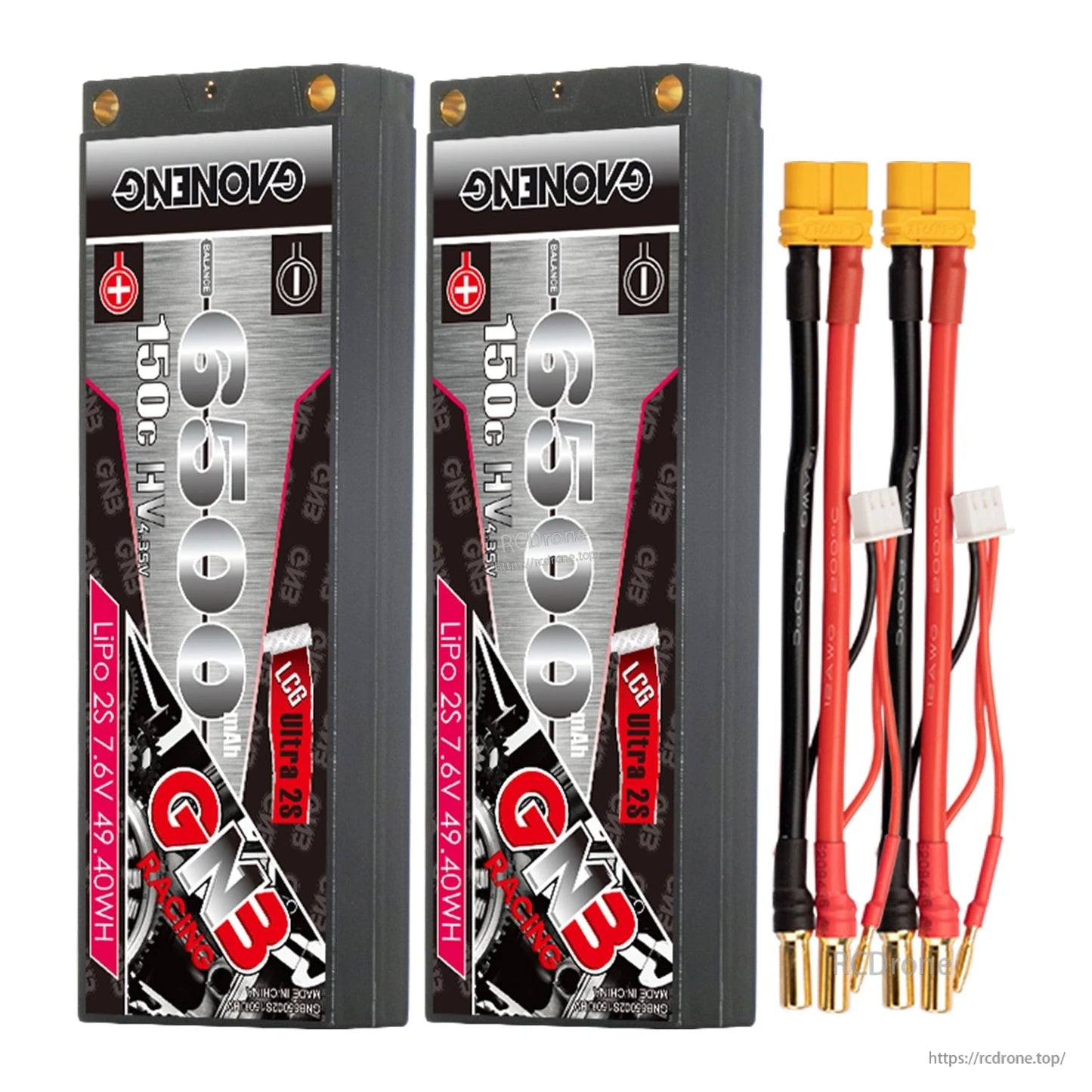 Two GAONENG GNB 6500 pack batteries with two lead sets, yellow connectors and 5.0mm bullet ends