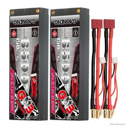 Two GAONENG GNB batteries with two red plug connector lead sets and balance leads
