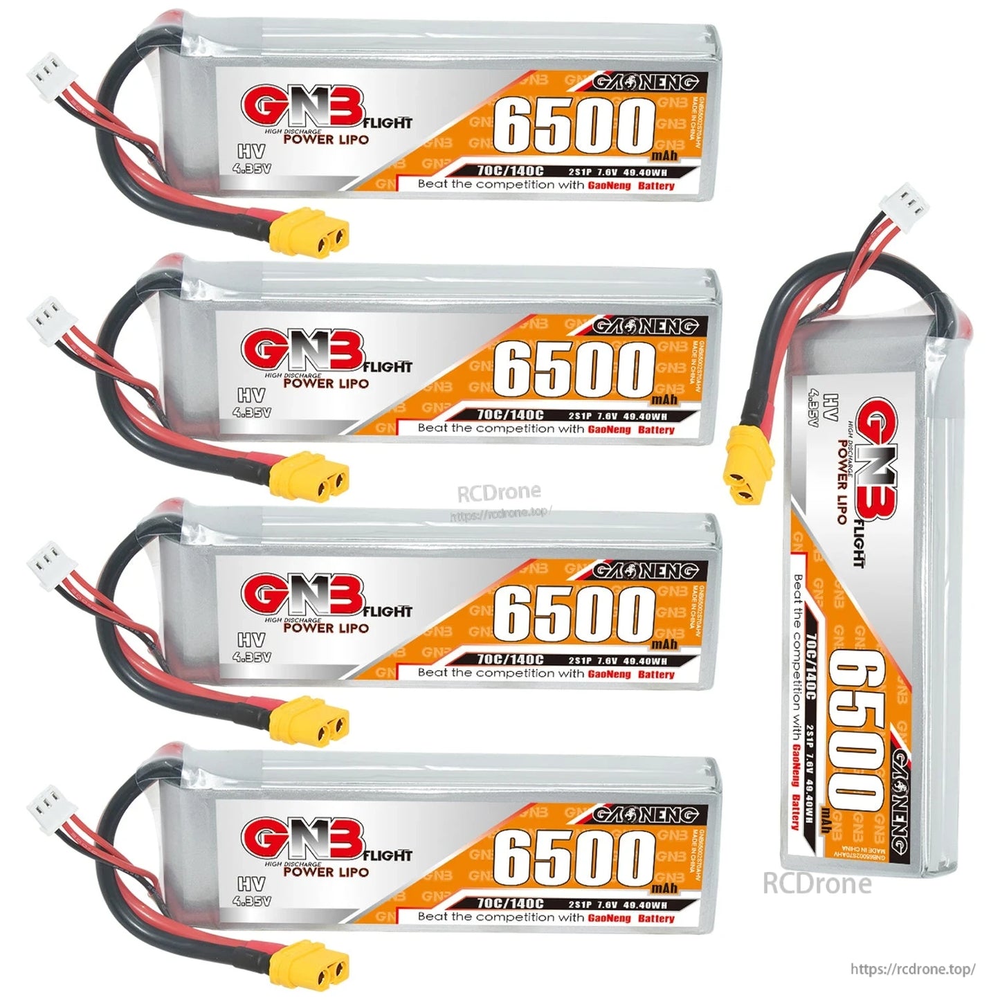 Five GNB 6500 LiHV battery packs shown together, four horizontal and one upright with connectors visible