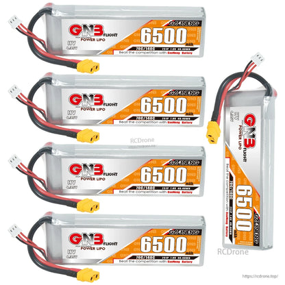 Five GNB 6500 LiHV battery packs shown together, four horizontal and one upright with connectors visible
