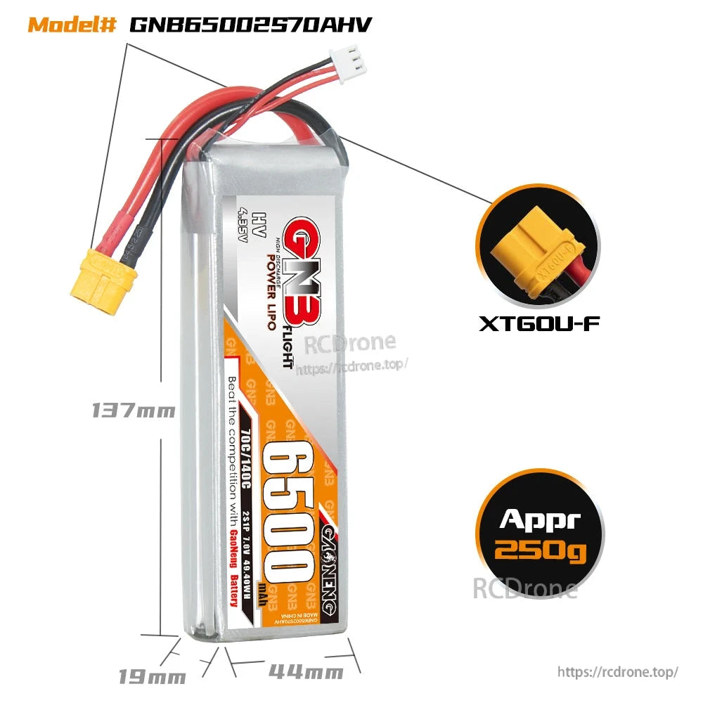 GNB65002S70AHV battery dimensions diagram with XT60U-F connector close-up and approx 250g note