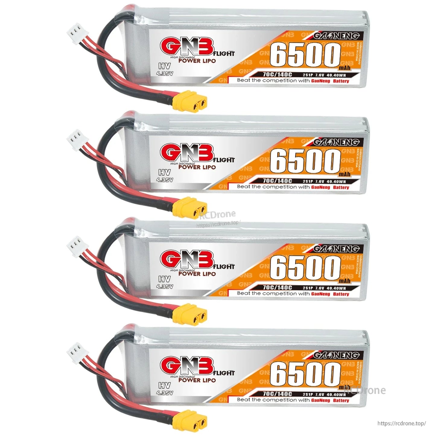 Four GNB 6500mAh LiHV battery packs stacked vertically with XT60 connectors and balance leads
