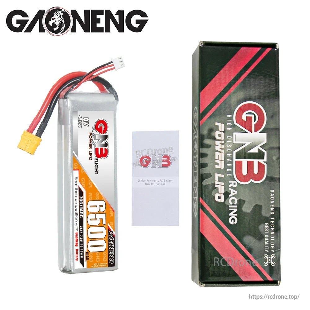 Package contents: GNB 6500 battery pack with XT60 lead, instruction leaflet, and GNB retail box