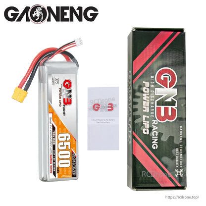 Package contents: GNB 6500 battery pack with XT60 lead, instruction leaflet, and GNB retail box