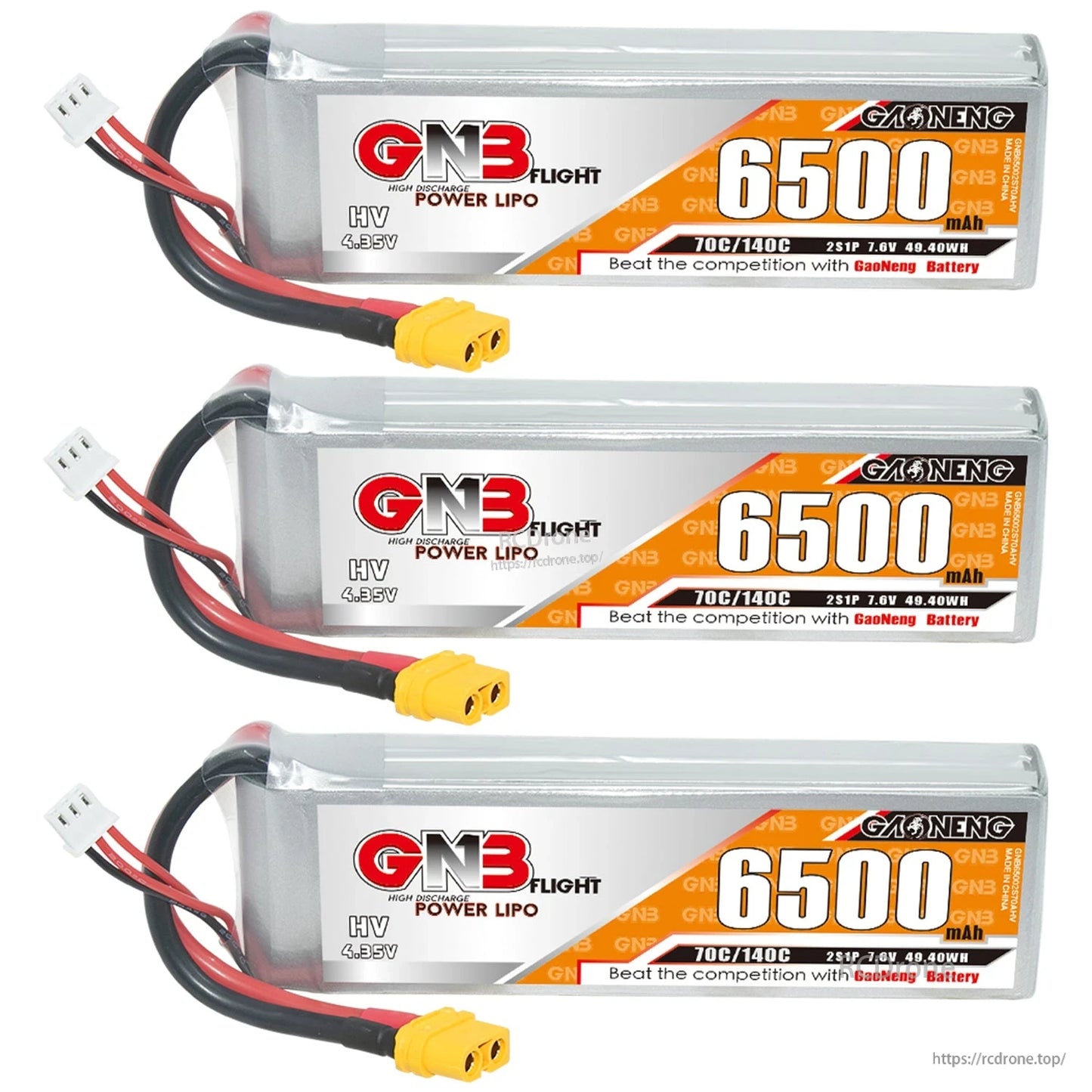 Three GNB 6500 LiHV battery packs lined up, each with XT60 connector and 2S balance plug