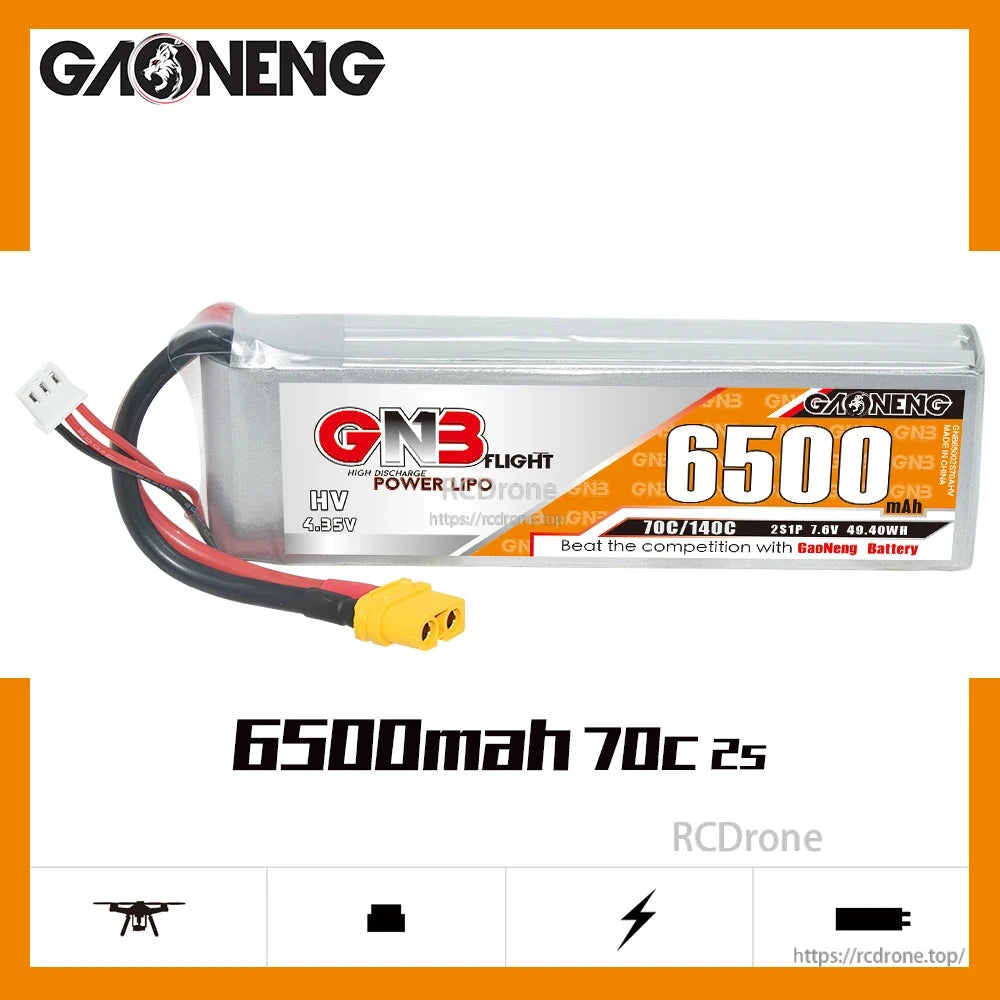 GNB 6500mAh 70C 2S LiHV LiPo battery side view, label shows 7.6V and 49.4Wh