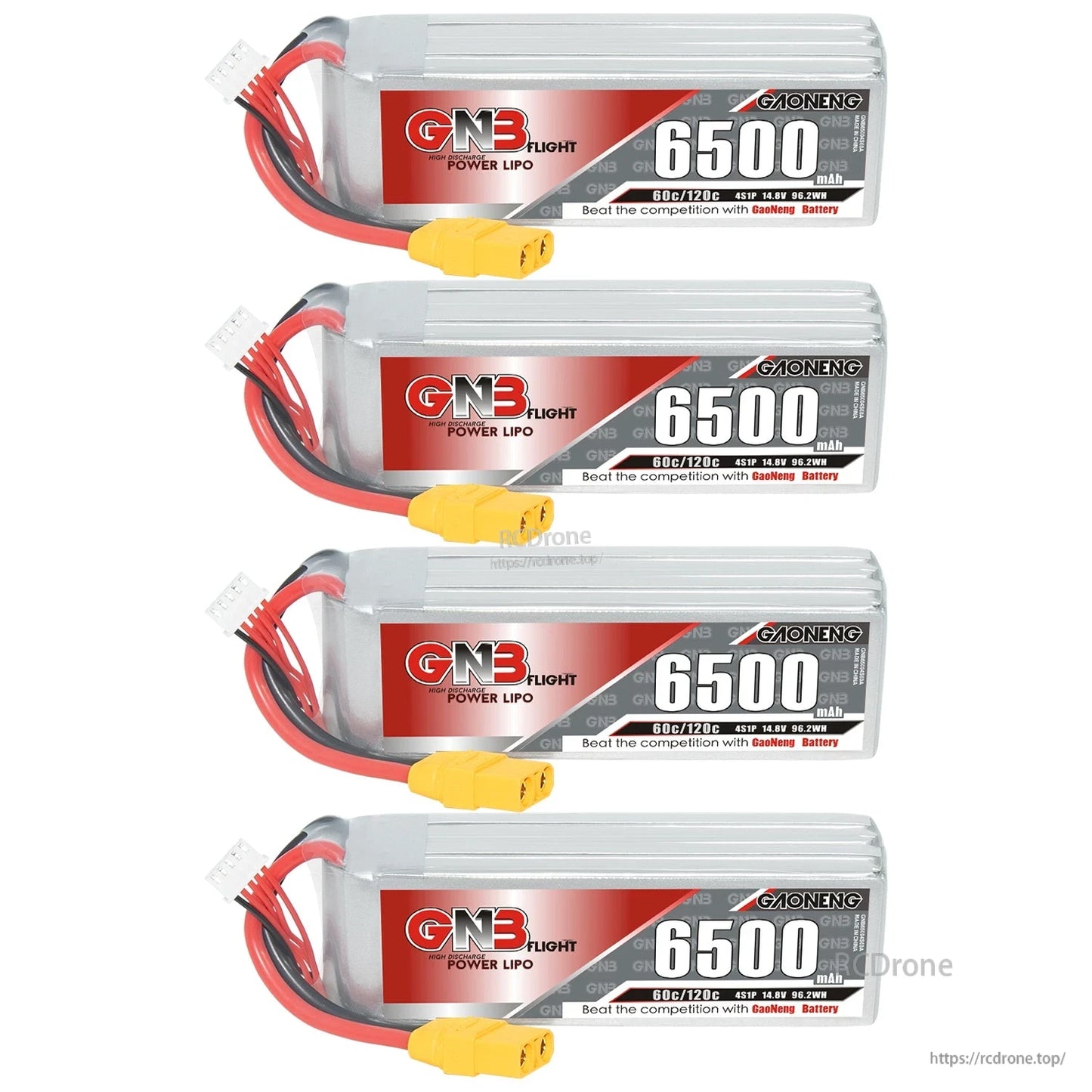 Four GNB 6500 LiPo batteries displayed stacked vertically, horizontal orientation with labels