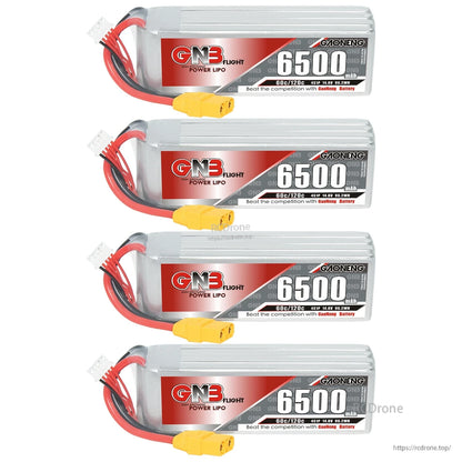 Four GNB 6500 LiPo batteries displayed stacked vertically, horizontal orientation with labels