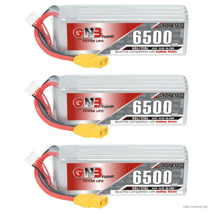 Three GNB 6500 LiPo batteries displayed in a row, horizontal orientation with labels visible