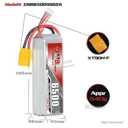 Battery dimension and connector diagram for model GNB65004S60A, XT90H-F plug and approx 540g