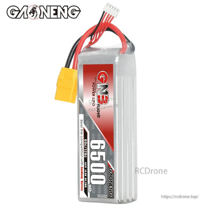 Upright side profile of GNB 6500 LiPo pack showing thickness, label edge, and wire exit