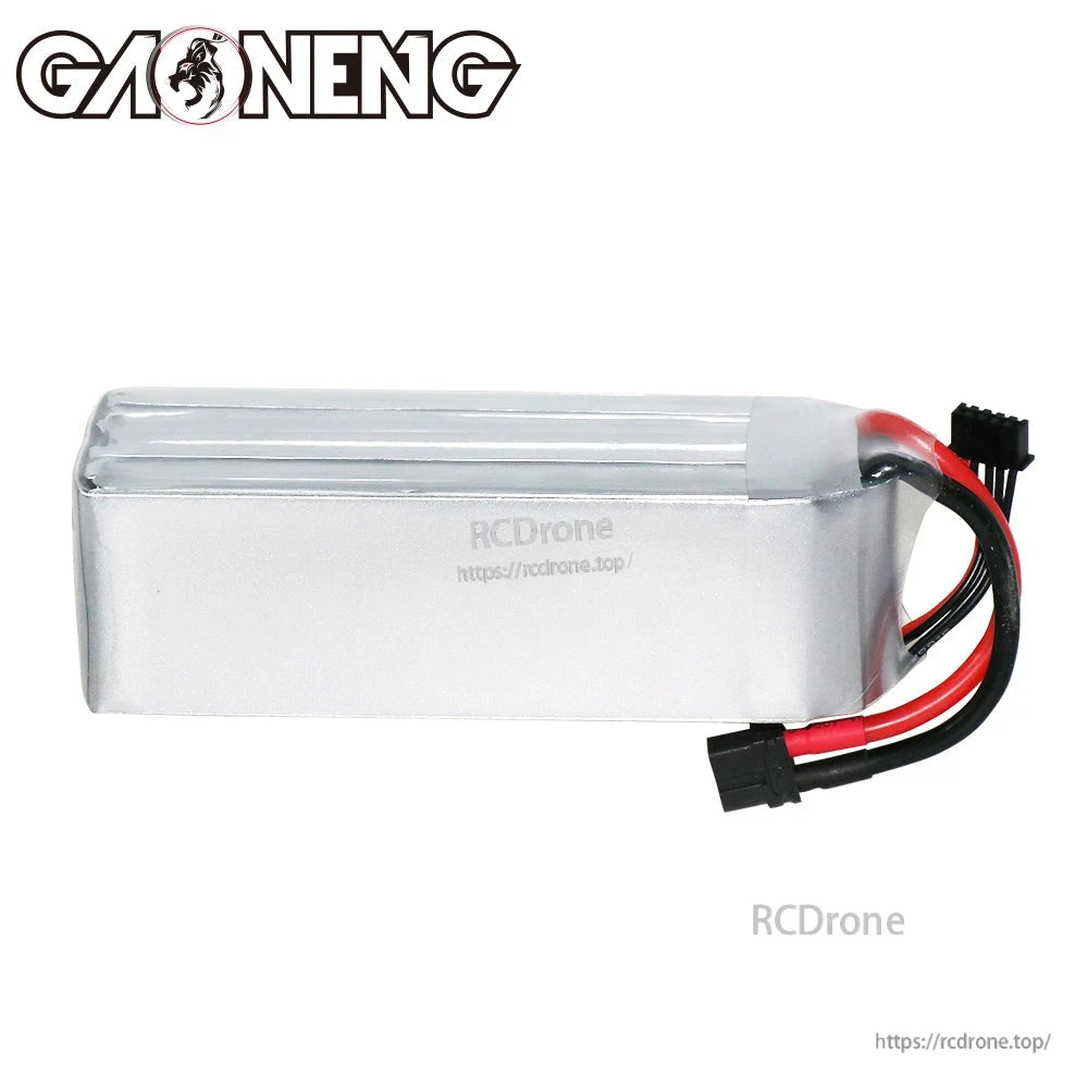 Rear/side view of GNB LiPo battery showing plain silver shrink wrap and wire exit end